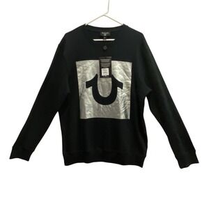 True Religion Mens Onyx Black Box Foil HS Crew Sweatshirt Silver Logo 105084 L